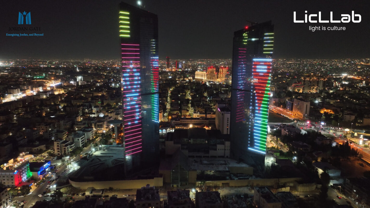 Jordan Gate Towers — pixel RGBW facade detail, LICLLAB